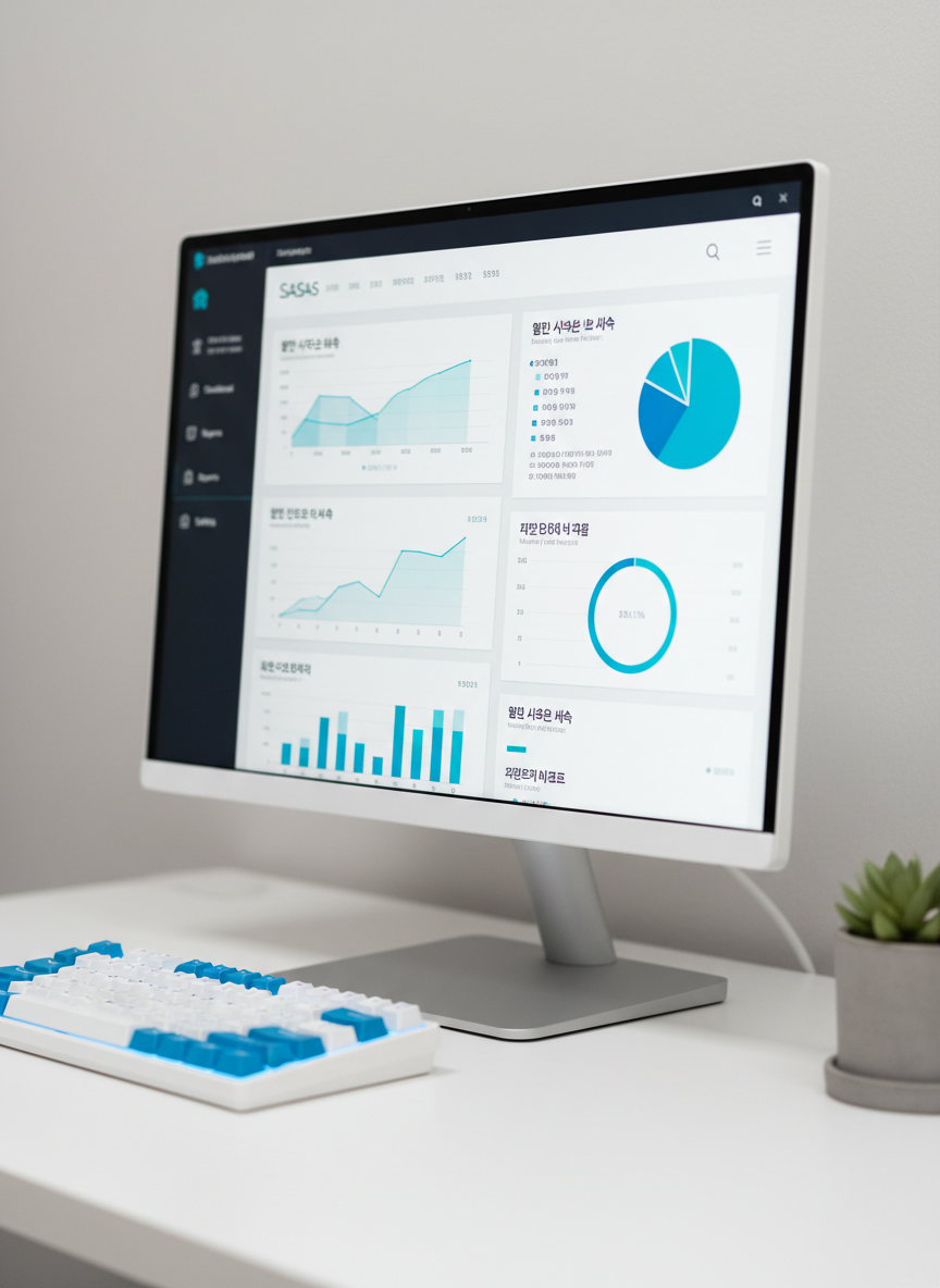 A close-up of a modern Korean SaaS analytics interface on a slim, bezel-less monitor, featuring crisp bilingual charts, graphs, and icons in cool blue and teal tones. The monitor stands on a tidy white desk with a compact mechanical keyboard and a small potted plant for a subtle organic touch. Diffused overcast light from behind the camera creates even, reflection-free illumination, ideal for reading. Captured at a slight three-quarter angle with a shallow depth of field that keeps the interface perfectly sharp while softly blurring the plant and background. The atmosphere is analytical yet approachable, emphasizing clarity, structure, and photographic realism for a software review article.
