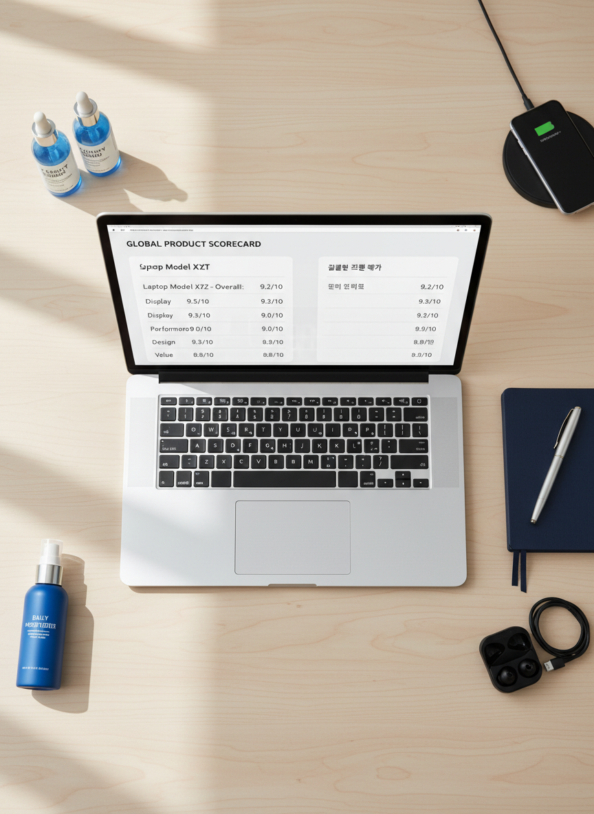 A sleek flat-lay of an open ultrawide laptop displaying a clean product review dashboard in English and Korean, set on a pale wooden desk beside a minimalist navy-blue notebook and a silver pen. A few neatly arranged Korean skincare bottles and tech gadgets frame the edges, their labels subtly visible but not dominant. Soft daylight from an unseen window to the left creates gentle reflections on the laptop screen and faint shadows on the desk. Shot from a directly overhead, bird’s-eye perspective with sharp focus across the frame. The mood is professional and trustworthy, with a clean, modern, photographic realism that suits a global product review blog header image.