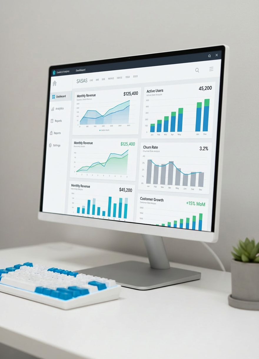 product reviews A close-up of a modern Korean SaaS analytics interface on a slim, bezel-less monitor, featuring crisp bilingual charts, graphs, and icons in cool blue and teal tones. The monitor stands on a tidy white desk with a compact mechanical keyboard and a small potted plant for a subtle organic touch. Diffused overcast light from behind the camera creates even, reflection-free illumination, ideal for reading. Captured at a slight three-quarter angle with a shallow depth of field that keeps the interface perfectly sharp while softly blurring the plant and background. The atmosphere is analytical yet approachable, emphasizing clarity, structure, and photographic realism for a software review article.